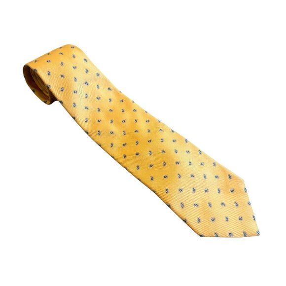 Brooks Brothers Pure Silk Woven in Italy Yellow Neck Tie Blue Paisley Luxury - Picture 1 of 7